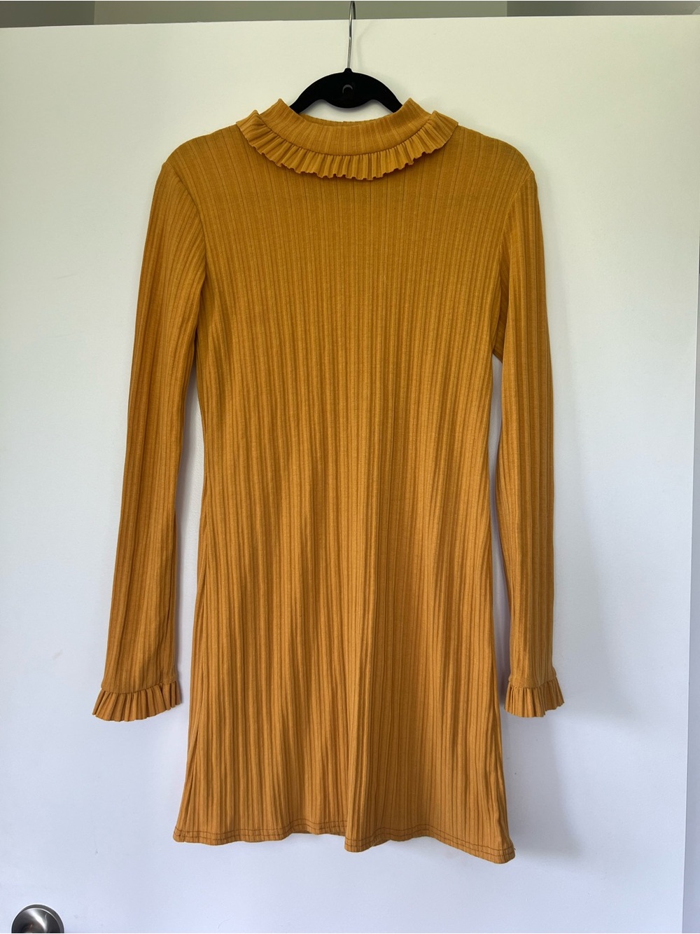 Nasty Gal Mustard Ribbed Long Sleeve Ruffle Neck Mini Dress